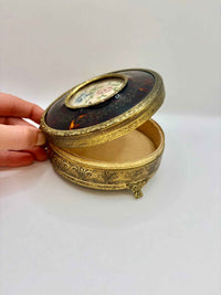 Vintage Brass Petit Point Round Trinket Box 1970s Collectible