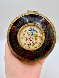 Vintage Brass Petit Point Round Trinket Box 1970s Collectible