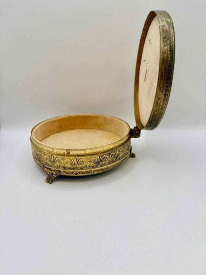 Vintage Brass Petit Point Round Trinket Box 1970s Collectible