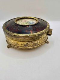 Vintage Brass Petit Point Round Trinket Box 1970s Collectible
