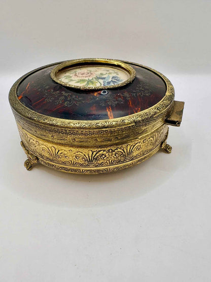 Vintage Brass Petit Point Round Trinket Box 1970s Collectible