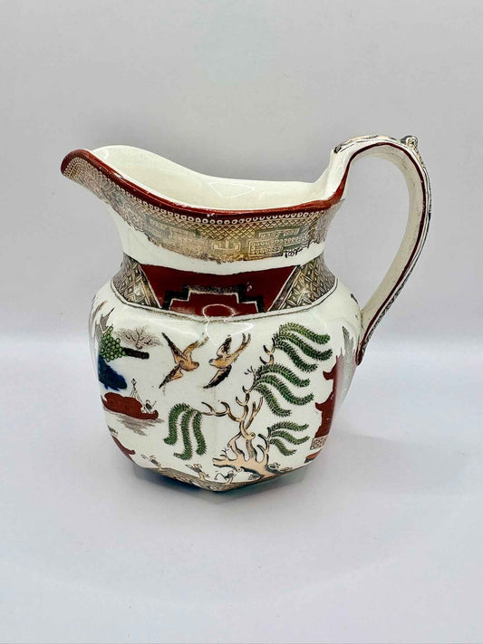 Antique George V Wedgwood Queen's Ware Polychrome Willow Pattern Jug c.1912