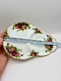 Royal Albert Old Country Roses Snack Set with a ruler on top