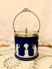 Antique Wedgwood Blue Jasper Ware Biscuit Lidded Barrel Marked EPNS