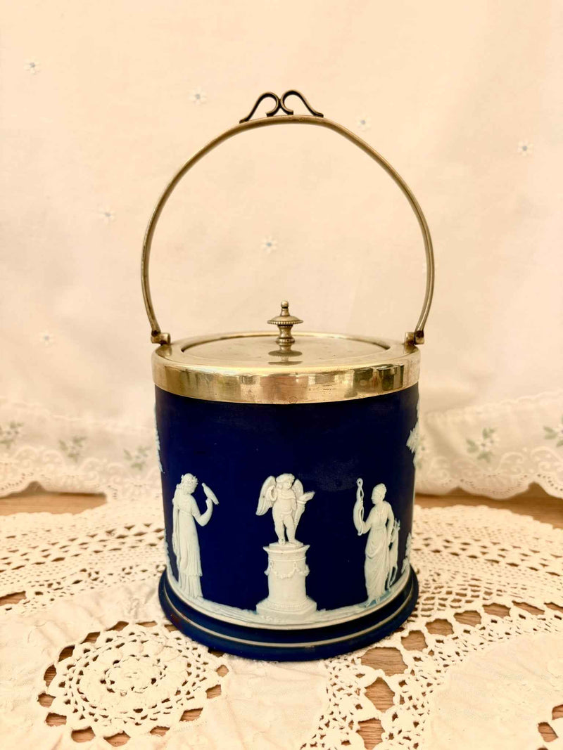 Antique Wedgwood Blue Jasper Ware Biscuit Lidded Barrel Marked EPNS
