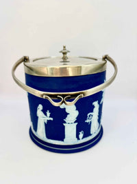 Antique Wedgwood Blue Jasper Ware Biscuit Lidded Barrel Marked EPNS