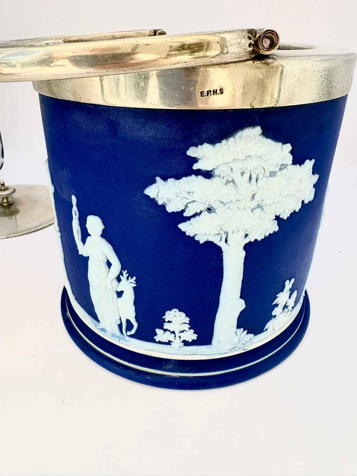 Antique Wedgwood Blue Jasper Ware Biscuit Lidded Barrel Marked EPNS
