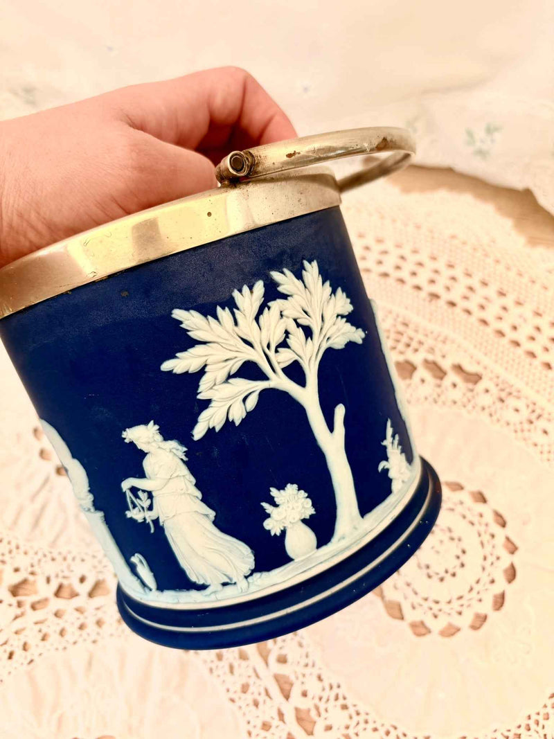 Antique Wedgwood Blue Jasper Ware Biscuit Lidded Barrel Marked EPNS