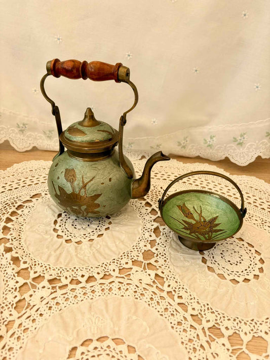 Vintage Oriental Brass Enamel Teapot & Sugar Bowl with Wood Handle