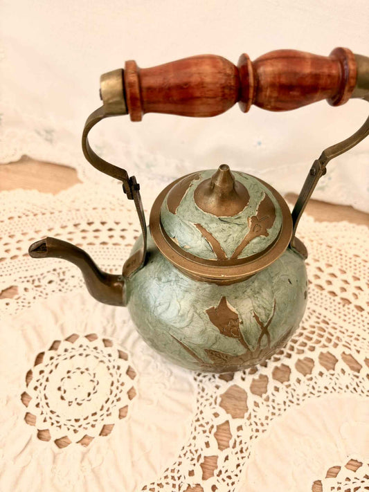 Vintage Oriental Brass Enamel Teapot & Sugar Bowl with Wood Handle