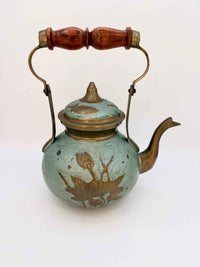 Vintage Oriental Brass Enamel Teapot & Sugar Bowl with Wood Handle