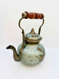 Vintage Oriental Brass Enamel Teapot & Sugar Bowl with Wood Handle