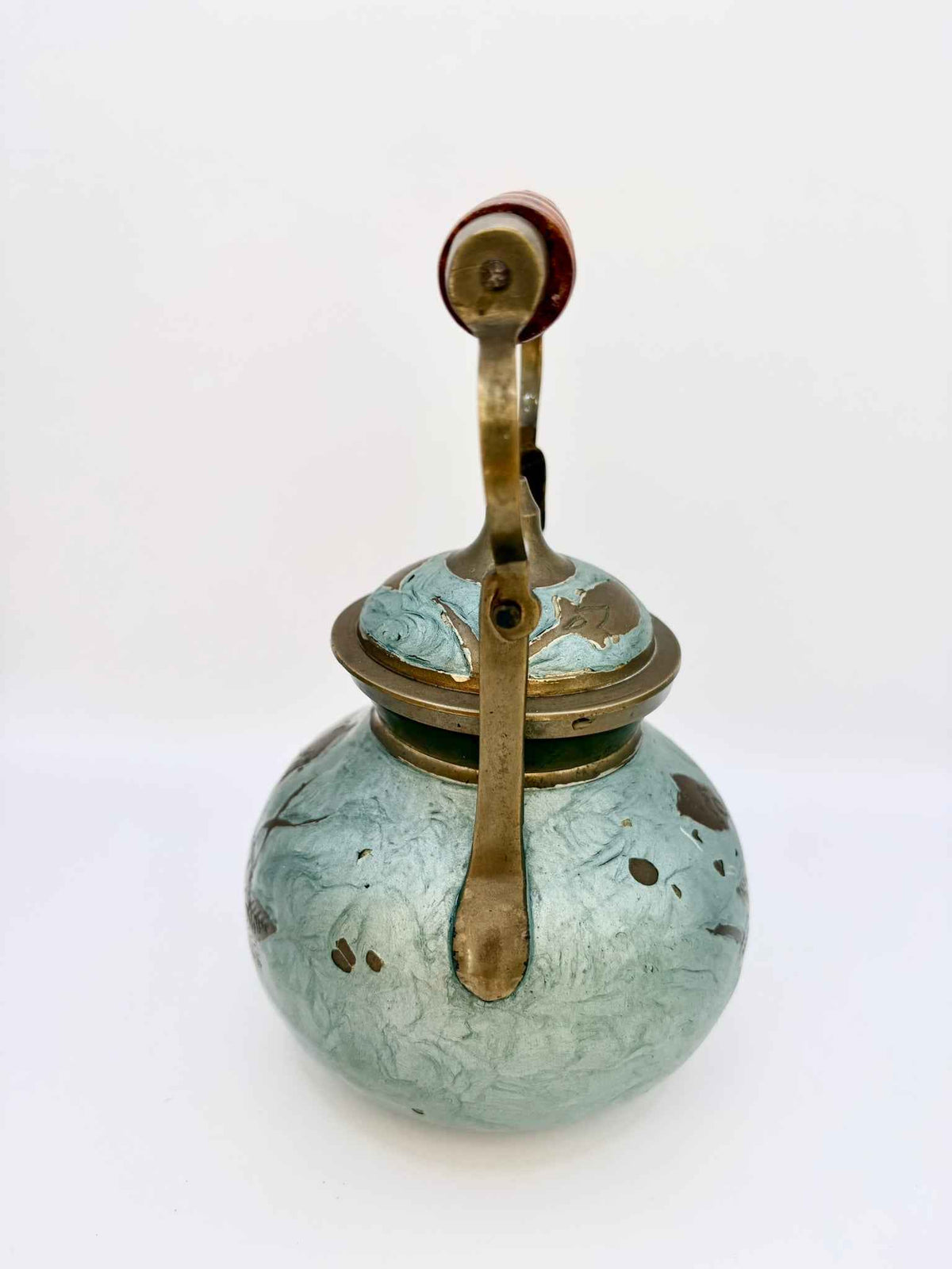 Vintage Oriental Brass Enamel Teapot & Sugar Bowl with Wood Handle
