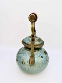 Vintage Oriental Brass Enamel Teapot & Sugar Bowl with Wood Handle