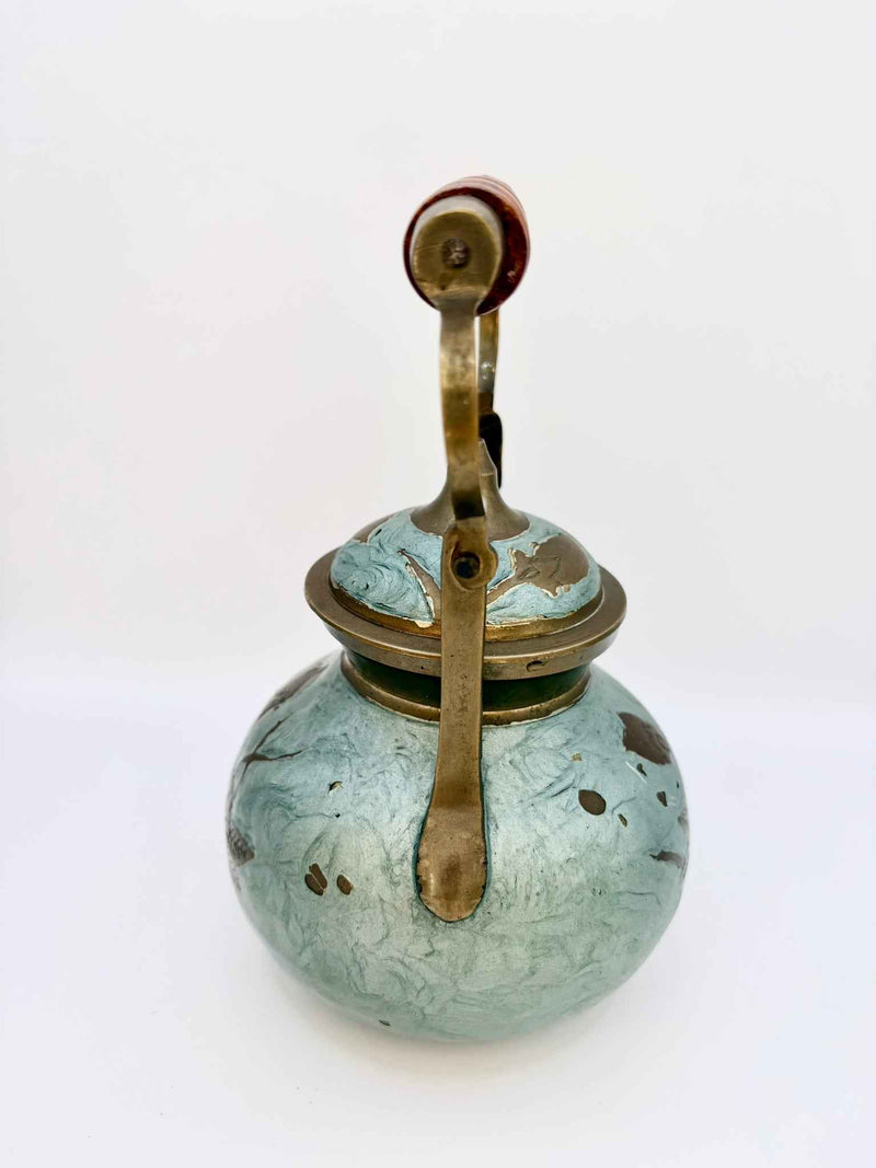 Vintage Oriental Brass Enamel Teapot & Sugar Bowl with Wood Handle