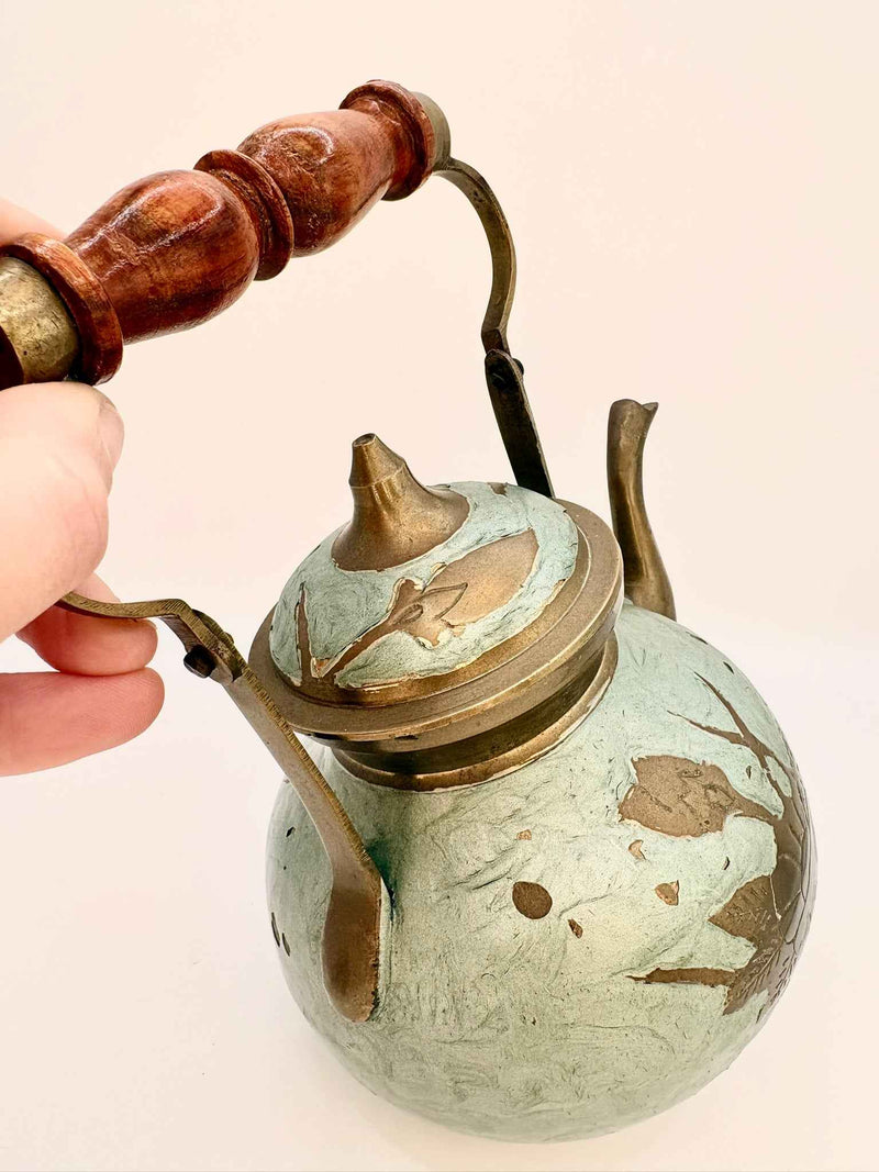 Vintage Oriental Brass Enamel Teapot & Sugar Bowl with Wood Handle