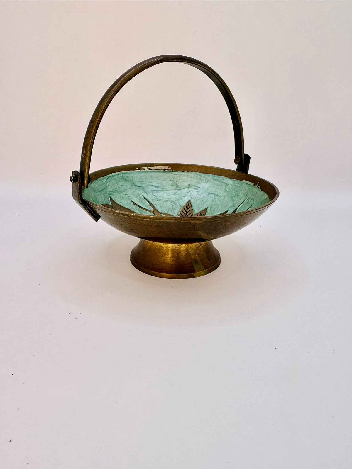 Vintage Oriental Brass Enamel Teapot & Sugar Bowl with Wood Handle