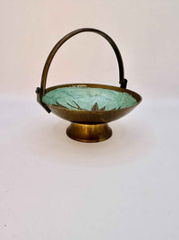 Vintage Oriental Brass Enamel Teapot & Sugar Bowl with Wood Handle