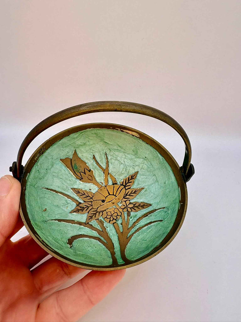 Vintage Oriental Brass Enamel Teapot & Sugar Bowl with Wood Handle