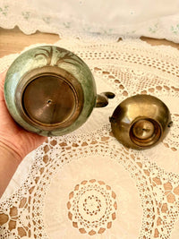 Vintage Oriental Brass Enamel Teapot & Sugar Bowl with Wood Handle