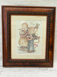 Vintage Hummel Style Cross Stitch Girl and Boy Framed Embroidery