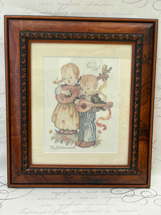 Vintage Hummel Style Cross Stitch Girl and Boy Framed Embroidery