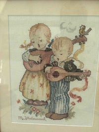 Vintage Hummel Style Cross Stitch Girl and Boy Framed Embroidery
