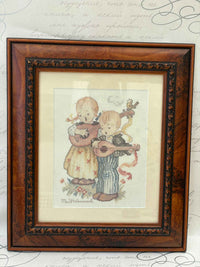 Vintage Hummel Style Cross Stitch Girl and Boy Framed Embroidery