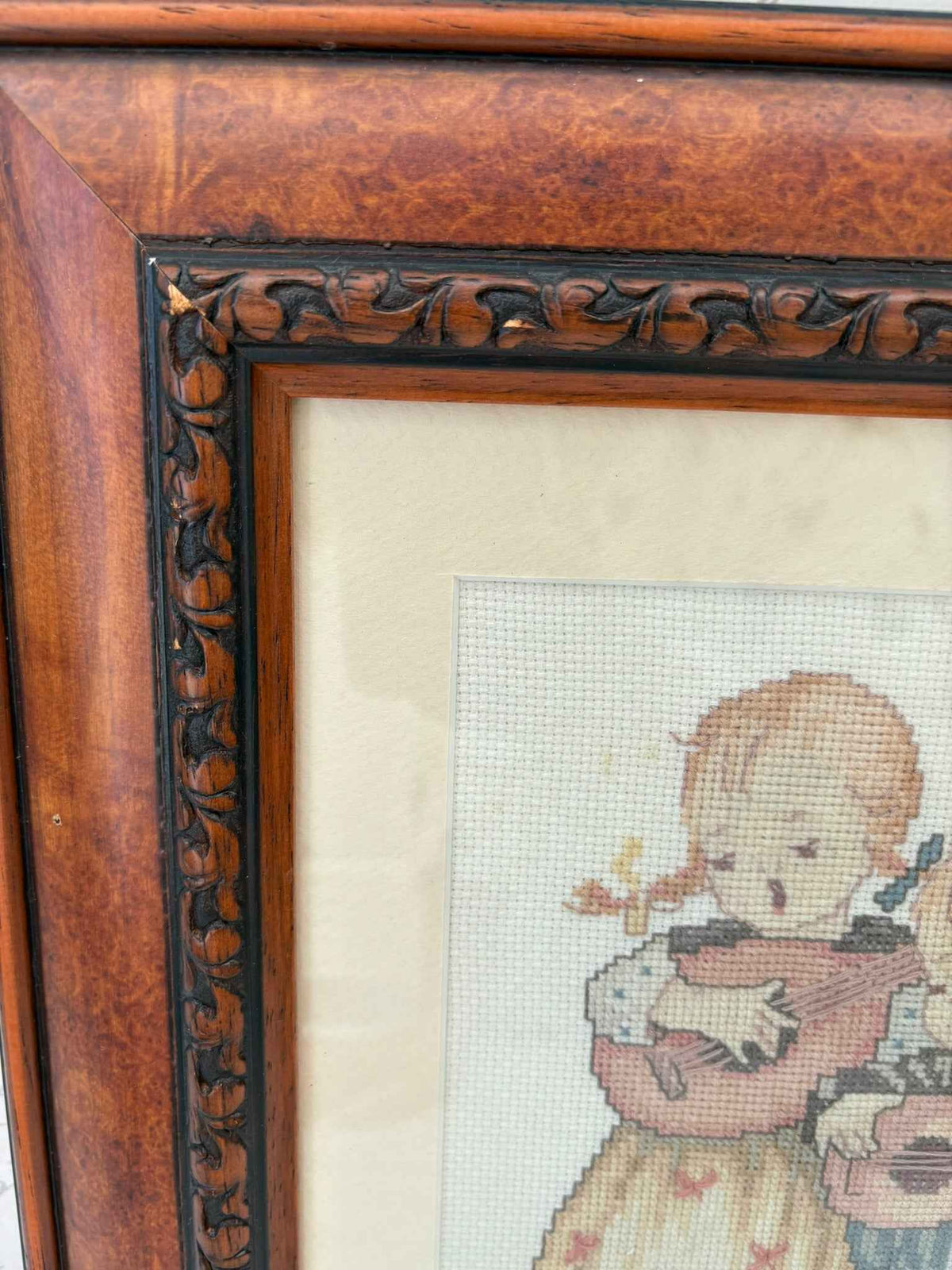 Vintage Hummel Style Cross Stitch Girl and Boy Framed Embroidery