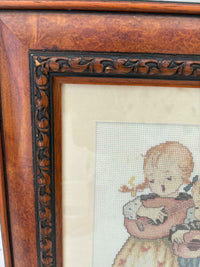 Vintage Hummel Style Cross Stitch Girl and Boy Framed Embroidery