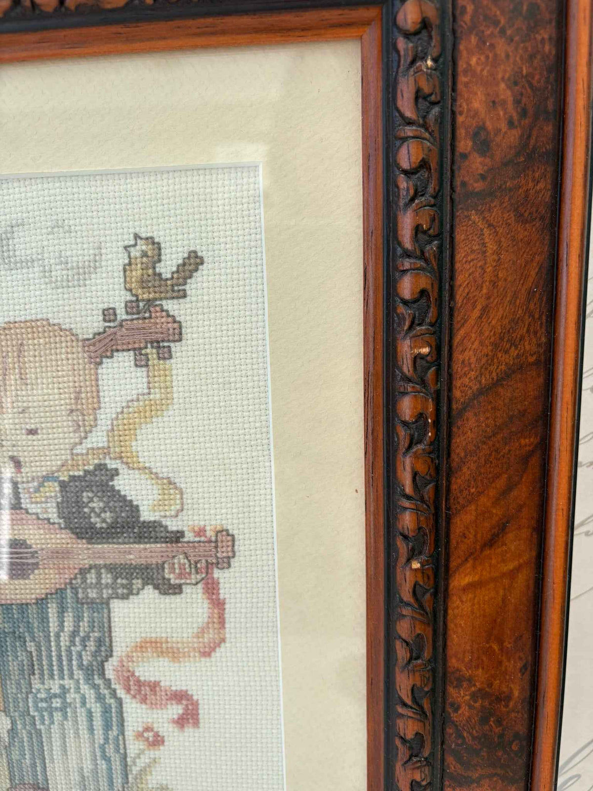Vintage Hummel Style Cross Stitch Girl and Boy Framed Embroidery