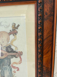 Vintage Hummel Style Cross Stitch Girl and Boy Framed Embroidery