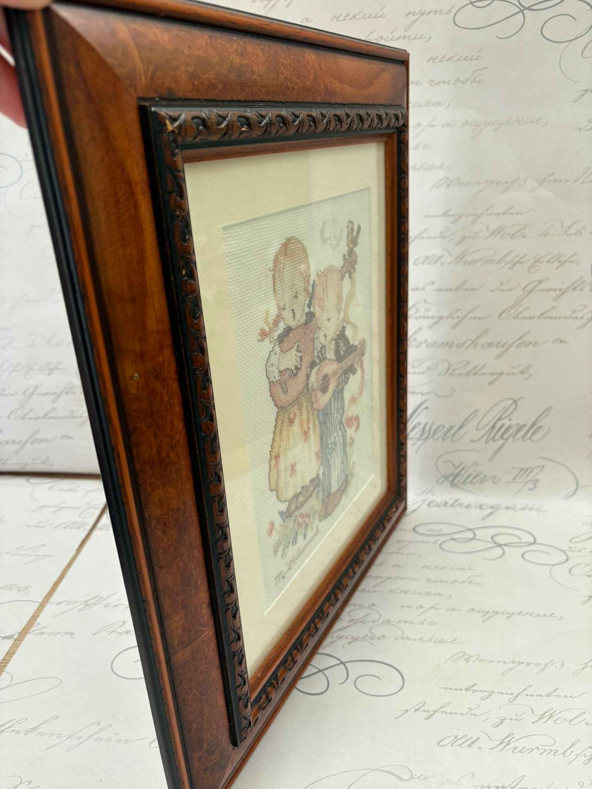 Vintage Hummel Style Cross Stitch Girl and Boy Framed Embroidery