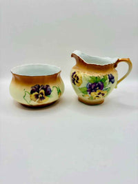 Hand Painted Porcelain Creamer and Sugar Bowl – Floral Pansy Design