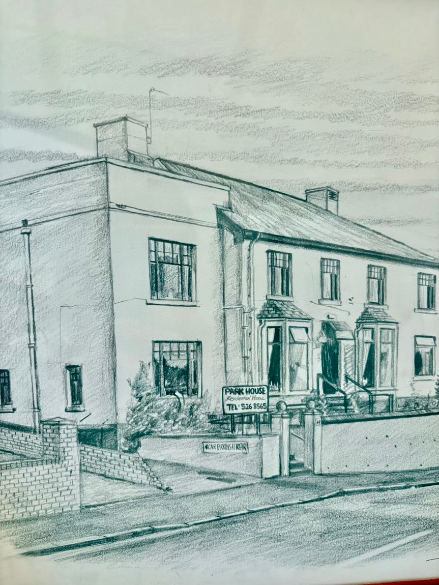 Pencil drawing of a two-story building with a sign on the front