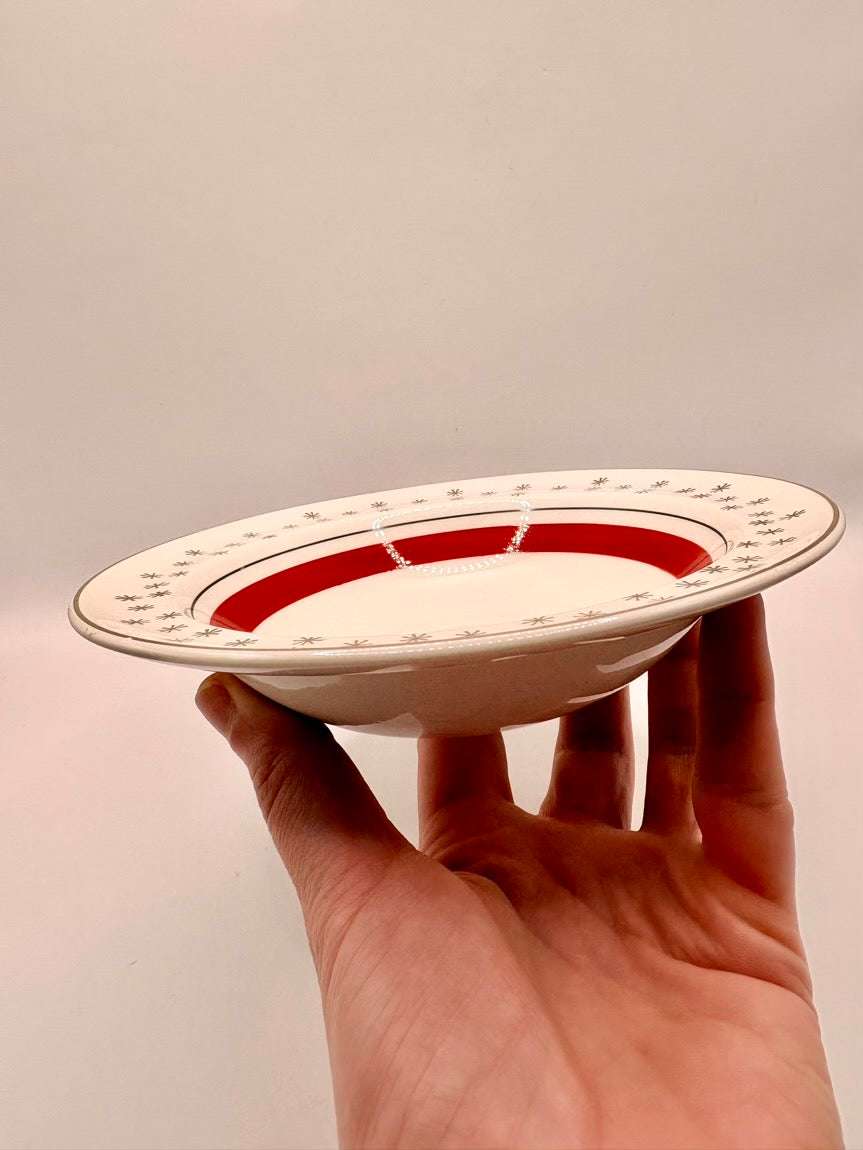Hand holding a small white plate with red interior against a plain background
