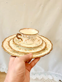 Set of gold-trimmed ceramic plates and cup held by a hand against a neutral background