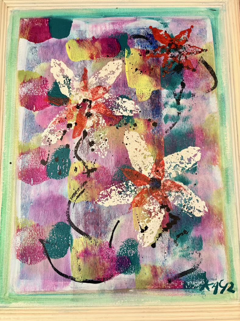 Abstract artwork with colorful butterflies on a textured background