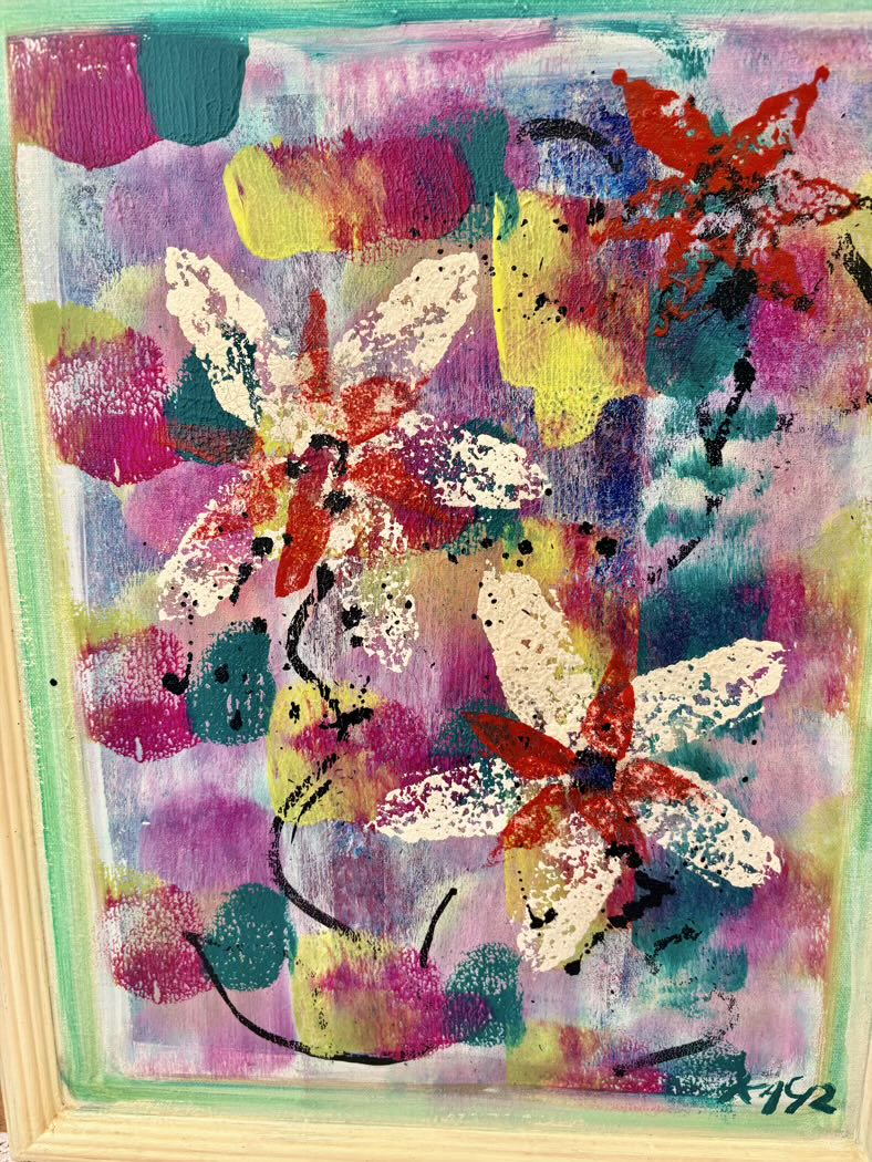 Abstract artwork with colorful butterflies on a textured background