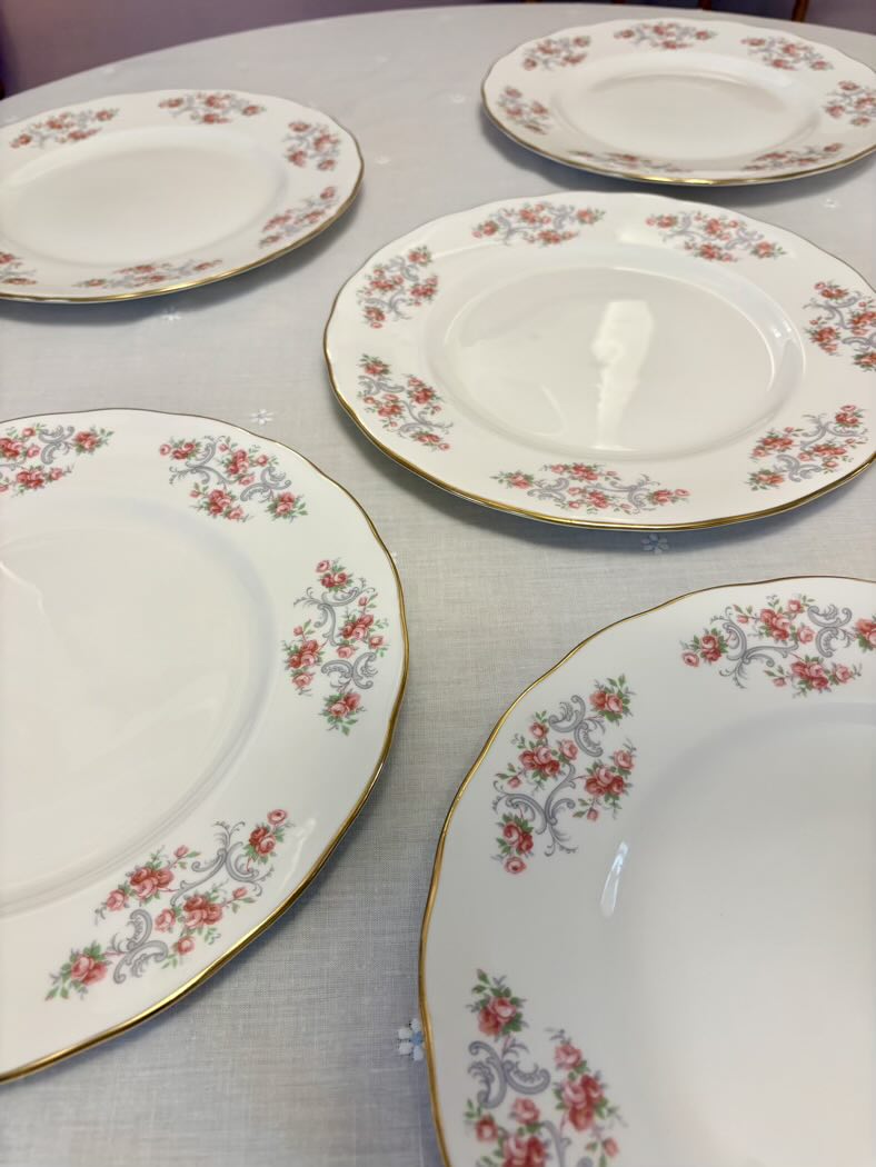 Set of floral-patterned ceramic plates on a light gray surface