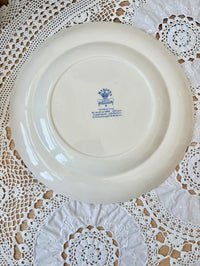 White plate with blue design on a lace tablecloth