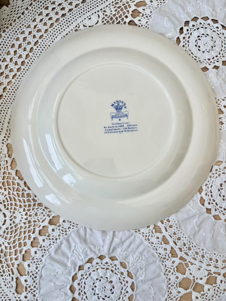 White plate with blue design on a lace tablecloth