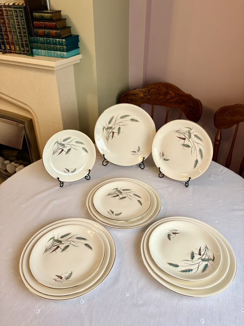 Set of ceramic plates with floral design on a table in a room with a fireplace and chairs.