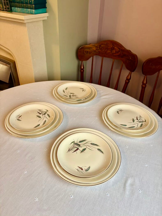 Set of ceramic plates with decorative designs on a white tablecloth.