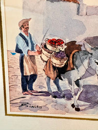 Artistic depiction of a man with a donkey carrying baskets of goods, signed 'Simis'.