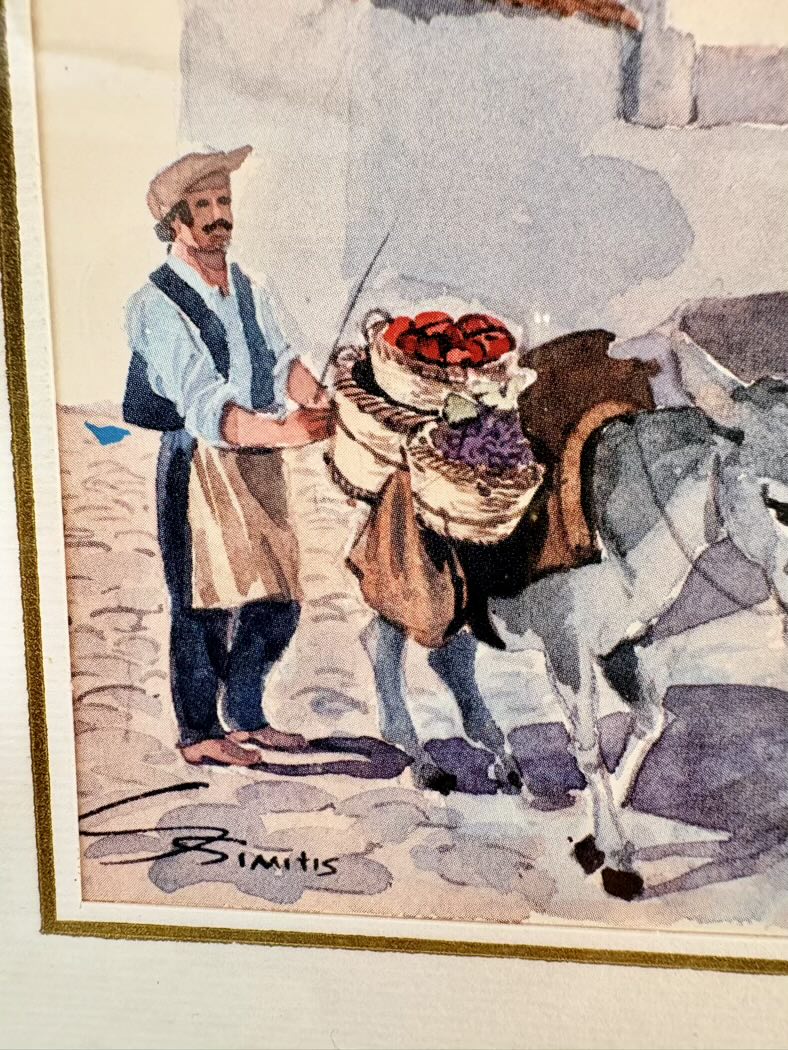 Artistic depiction of a man with a donkey carrying baskets of goods, signed 'Simis'.