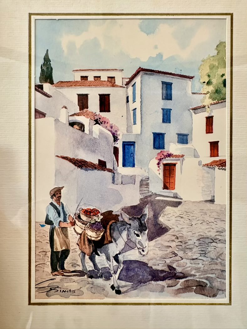 Artistic depiction of a street scene with a donkey and two people, framed artwork.