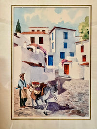 Artistic depiction of a street scene with a donkey and two people, framed artwork.
