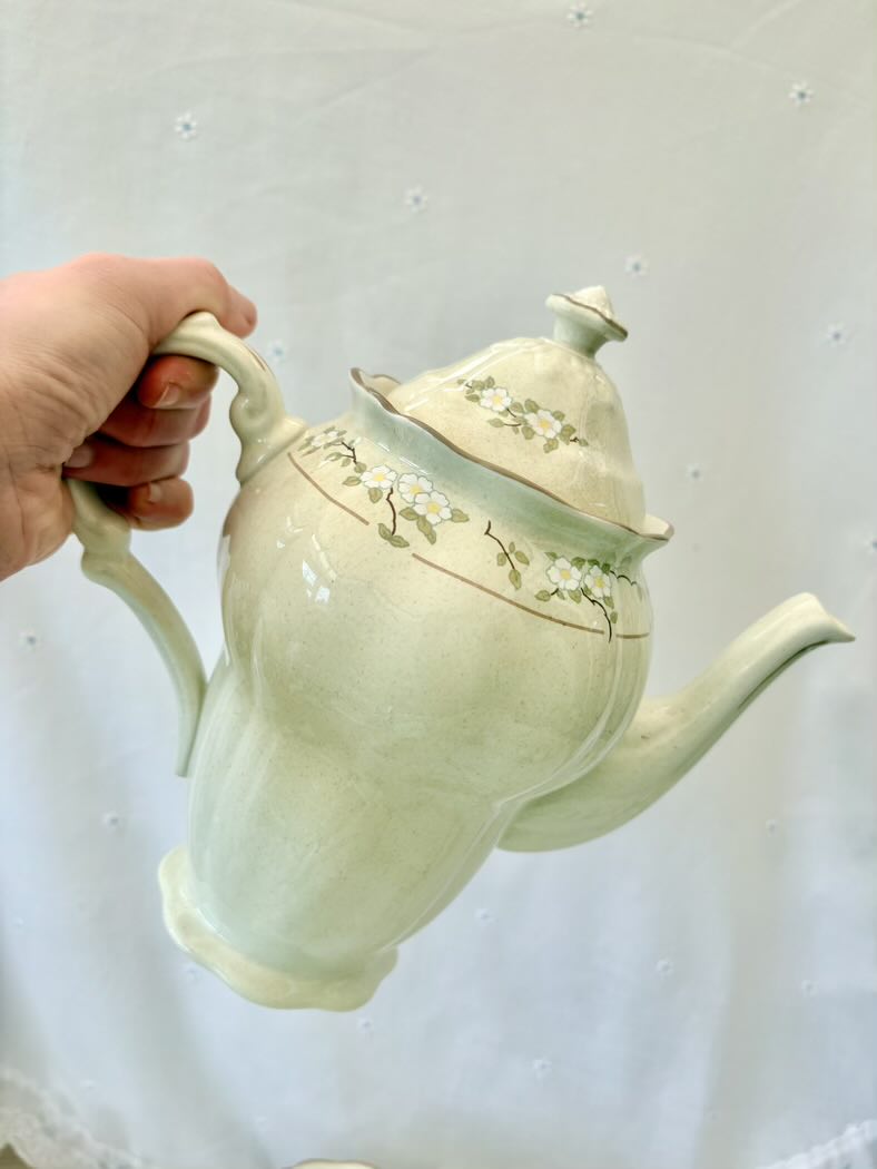 Light green teapot with floral patterns held by a hand against a white background