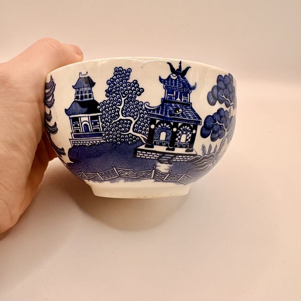 Ceramic bowl with blue architectural design held by a hand against a plain background